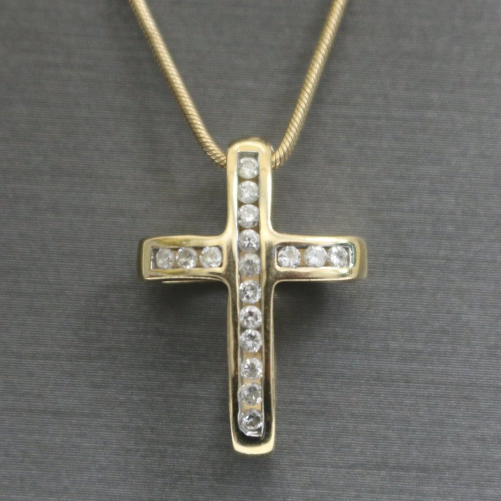 14kt YellowGold White Sapphire Circle Cross Pendant with 14kt Hollow Snake Chain